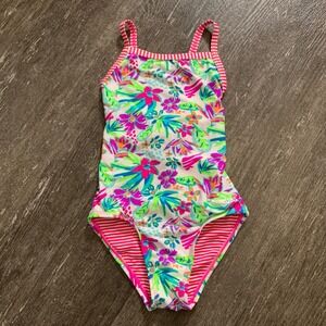 Dolfin Kids One Piece Swimsuit Tropical Floral Stripe Size 12